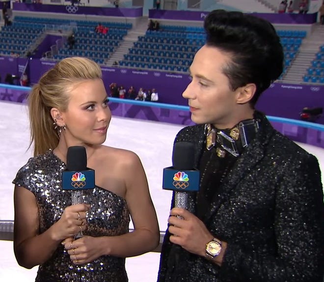 Former Olympic ice skaters Tara Lipinski and Johnny Weir broadcast at the 2018 Winter Olympics in PyeongChang. The closing ceremonies of the games air on NBC at 8 p.m. [NBC PHOTO]