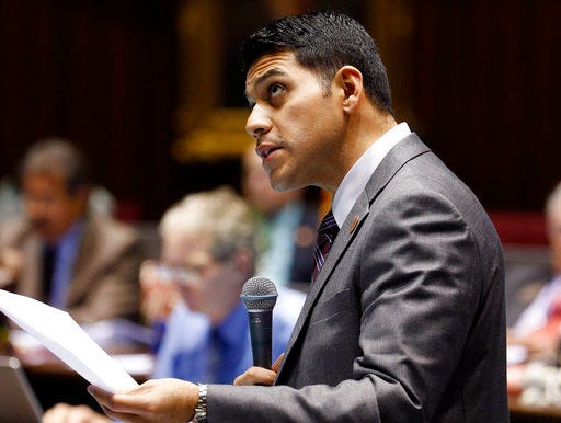 FILE - In this March 4, 2015 file photo, Arizona House Majority Leader Steve Montenegro, R-Avondale, speaks during a legislative session at the Arizona Capitol in Phoenix. A special election to replace a Republican congressman from Arizona who resigned amid sexual misconduct allegations has turned into a slugfest among GOP candidates hoping to fill former U.S. Rep. Trent Franks' seat. The contest includes admissions by Montenegro, that he received sex-tinged messages from a state Senate staffer and accusations former state Sen. Debbie Lesko improperly tapped her state campaign funds to support her effort. (AP Photo/Ross D. Franklin, File)