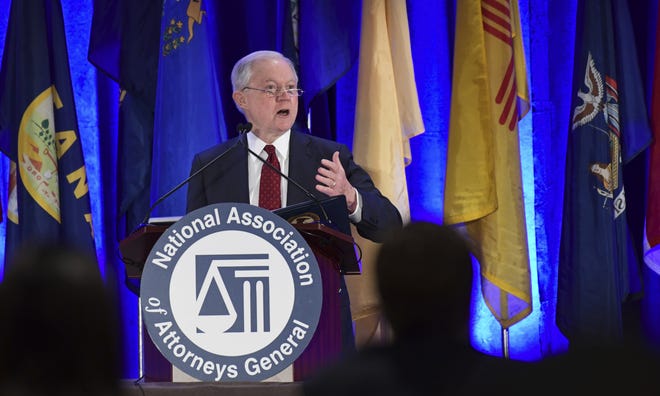 Attorney General Jeff Sessions delivers remarks to the National Association of Attorneys General at their Winter Meeting in Washington, Tuesday, Feb. 27, 2018. (AP Photo/Susan Walsh)