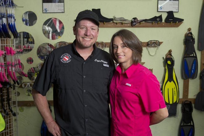 Husband and wife Jason "Choppy" and Ashley Barrow took over ownership of Panama City Dive Center on Feb. 1 after original owners Mike Gomez and Jerry McClendon retired. [JOSHUA BOUCHER/THE NEWS HERALD]