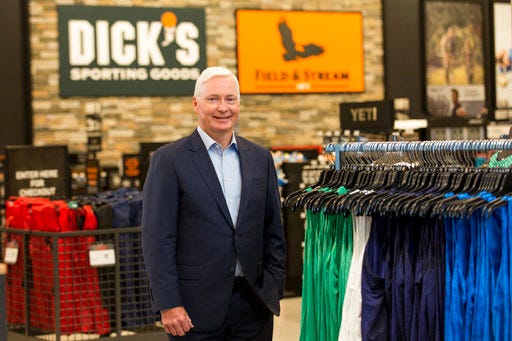 In this Oct. 18, 2016, photo, Chairman and CEO of DICK'S Sporting Goods Edward W. Stack poses for a photo as he visits a new store at the Baybrook Mall in the Houston. Stack is issuing a letter Wednesday, Feb. 28, 2018, about his decision to end the sale of assault-style weapons and high-capacity magazines at stores. (Photo by Scott Dalton/Invision for DICK'S Sporting Goods/AP Images)