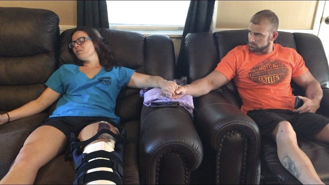 Heather Brisbois was released from the hospital this week, but faces a long road to recovery. Her husband, Rickey, says seeing her in pain saddens and angers him. [JENNIFER KVEGLIS / SNN]