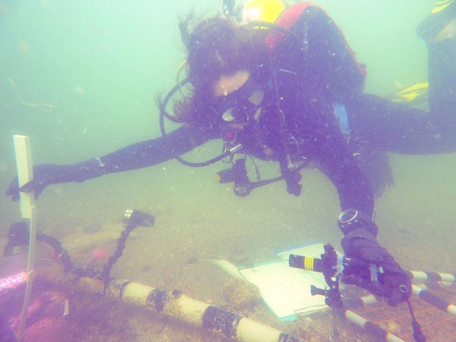 Nicole Grinnan takes a measurement at the 7,000-year-old Native American archaeological site found in the Gulf of Mexico off Venice. [Florida Department of State / Ivor Mollema]