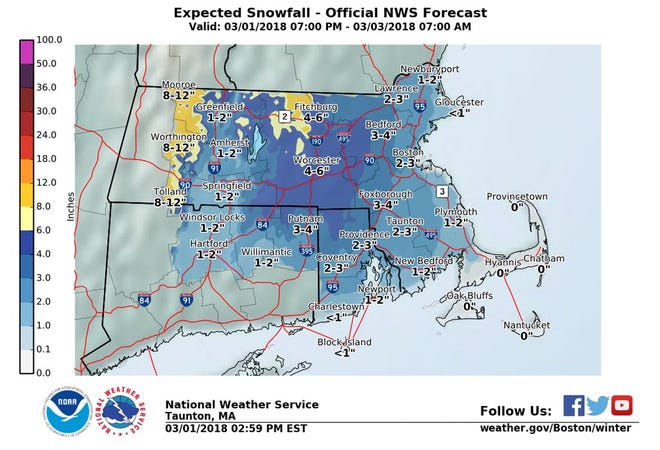 Expected snow totals for southern New England. [National Weather Service]