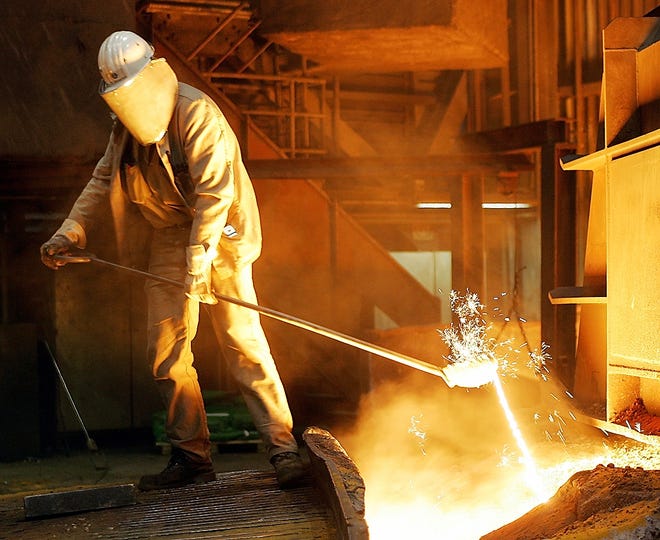 In this Sept. 22, 2005 file photo, a steel worker takes a sample at the blast furnace of ThyssenKrupp steel company in Duisburg, western Germany. President Donald Trump risks sparking a trade war with his closest allies if he goes ahead with plans to impose steep tariffs on steel and aluminum imports, German officials and industry groups warned Friday. [FRANK AUSTIN/ASSOCIATED PRESS]