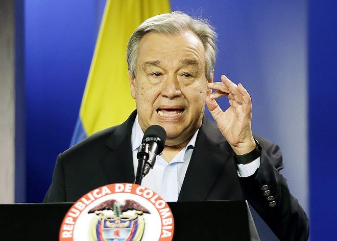 In this Jan. 13 file photo, U.N. Secretary-General Antonio Guterres talks to the media during a joint declaration with the Colombian president, in Bogota, Colombia. Former President Barack Obama has no plans to become U.N. secretary-general, despite a false story claiming he has announced a bid. A story appearing on more than two-dozen websites says Obama is seeking the job “to advance his globalist agenda on the world stage.” Obama’s office says the story is not true and he’s happy as a private citizen. [FERNANDO VERGARA/ASSOCIATED PRESS]