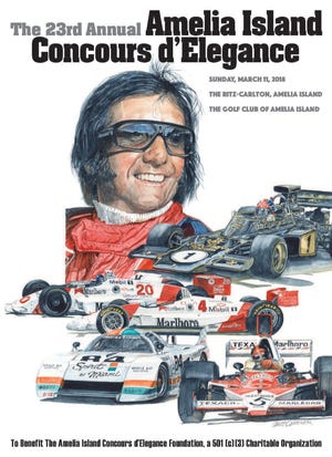 The Amelia Island Concours d'Elegance poster features two-time Indianapolis 500 winner and Formula 1 world champion Emerson Fittipaldi, this year's honoree. The Brazilian legend will have his race cars in the field of 300-plus cars at the March 11 concours.