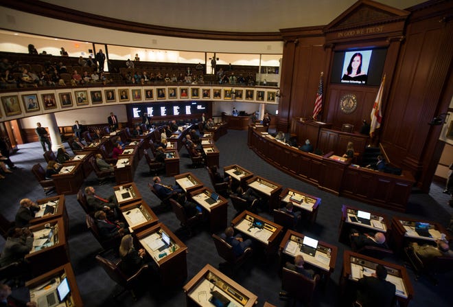 In this Feb. 21, 2018, file photo, the Florida Senate chamber at the Capitol in Tallahassee is darkened while a slideshow shows each person killed in the Feb. 14 shooting at Marjory Stoneman Douglas High School in Broward County. The Senate voted on a package of bills that would allow some trained educators to carry guns on campus, but refused to take up proposals that would ban military-style guns and limit ammunition magazines. [AP Archives/Mark Wallheiser]