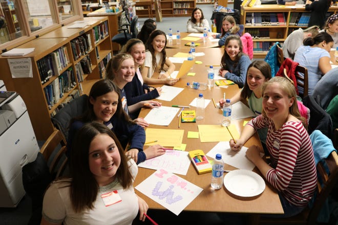 Bordentown Regional Middle School students work on the “I Am” project, creating images that make them feel strong and powerful as part of a monthly girls-only leadership workshop held Feb. 9. [COURTESY OF BORDENTOWN REGIONAL MIDDLE SCHOOL]