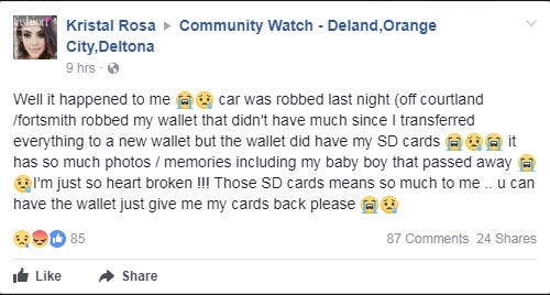 Kristal Rosa made this public post about the thief or thieves who got into her unlocked car and stole digital cards containing her dead 4-month-old son's pictures. [Facebook image]