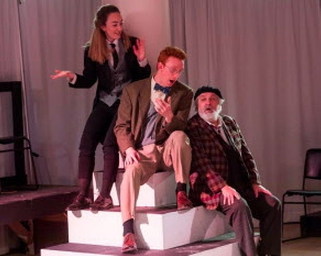 Gabby McCauley as Fabian, Richie Whitehead as Sir Andrew and Tom Gleadow as Sir Toby Belch in the Burbage Theatre Company's "Twelfth Night." [Maggie Hall]