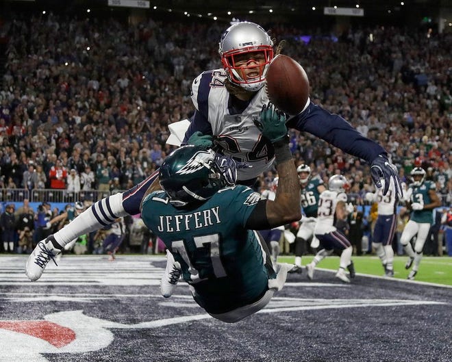 Patriots cornerback Stephon Gilmore, breaking up a pass for Eagles wide receiver Alshon Jeffery in Super Bowl LII, got off to a rough start last season.