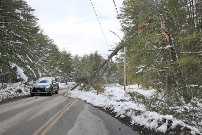 Many trees fell across roads and power lines throughout Sullivan County during Friday's storm. One lane of Forestburgh Road in Glen Spey was still blocked Monday. [JIM SABASTIAN/FOR THE TIMES HERALD-RECORD]