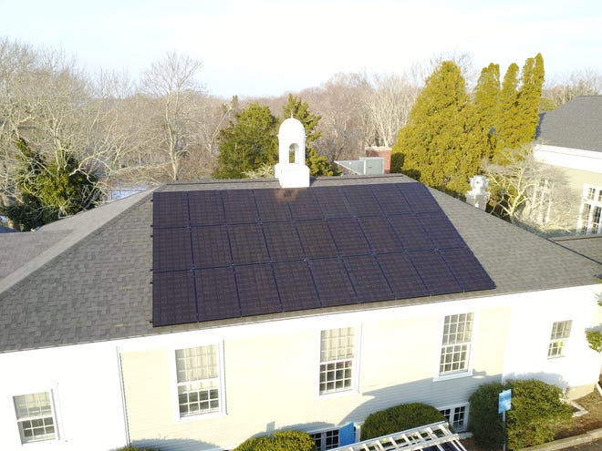 A drone shot of the new solar panels atop the roof of the Unitarian Church of Barnstable. (Photo courtesy of Solar Rising)