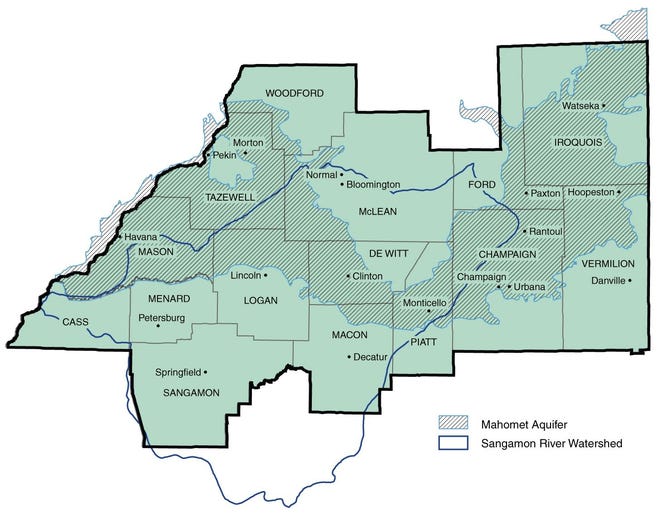 The graphic shows which counties the Mahomet Aquifer flows through. [Courtesy of the City of Champaign]