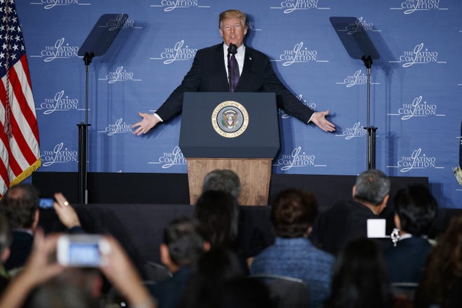 President Donald Trump speaks at the Latino Coalition Legislative Summit in Washington on Wednesday. [AP / Evan Vucci]