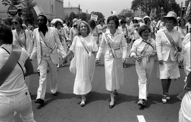 Leading supporters of the Equal Rights Amendment march in Washington on Sunday, July 9, 1978, urging Congress to extend the time for ratification of the ERA. From left: Gloria Steinem, Dick Gregory, Betty Friedan, Rep. Elizabeth Holtzman, D-N.Y., Rep. Barbara Mikulski, D-Md., Rep. Margaret Heckler, R-Mass. (AP Photo/Dennis Cook)
