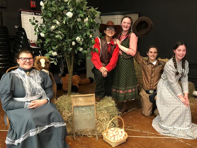 The Port Jervis Middle School production of “Oklahoma!” has been postponed due to lost rehearsal times caused by weather-related school closings. “Oklahoma!” will be presented at 7 p.m. March 16-17 and 3 p.m. March 18. Tickets are $7, $5 for students and seniors. From left: Alexandra Oosterom (Aunt Eller), Aidyn Soteo (Will Parker), Emma Mercilliott (Ado Annie), Robert McMullen (Curly), Emma Maley (Laurey). [Pat De Mono/For the Gazette]