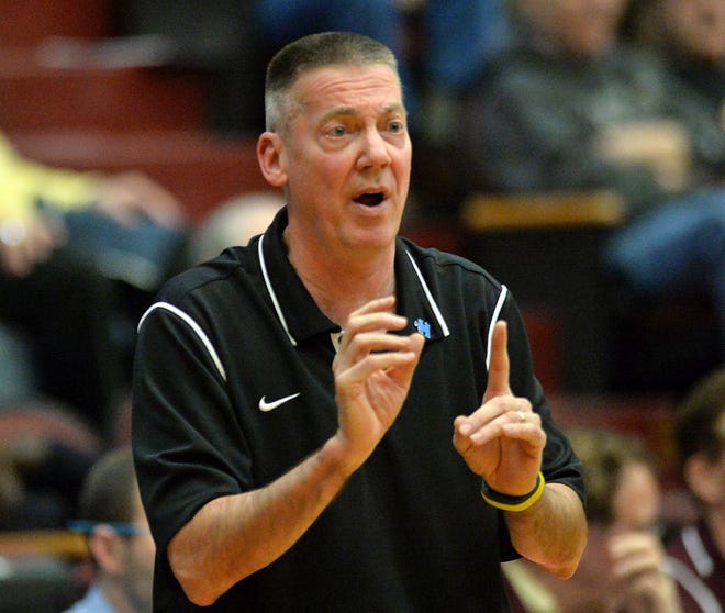 Gannon head coach John Reilly argues with the referee (not shown) during the first half of a PSAC West men's basketball game at the Hammermill Center at Gannon University on Feb. 12. The Golden Knights face PSAC champion East Stroudsburg in the first round of the NCAA Division II tournament on Saturday at 2:30 p.m. [CHRISTOPHER MILLETTE/ERIE TIMES-NEWS]