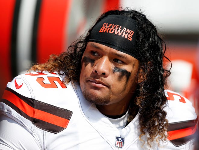 FILE - In this Sept. 10, 2017 file photo, Cleveland Browns nose tackle Danny Shelton (55) sits on the sideline during the first half of an NFL football game against the Pittsburgh Steelers in Cleveland. A person familiar with the negotiations said Saturday, March 10, 2018, that the Browns have agreed to trade Shelton to the New England Patriots for a conditional draft pick. The person spoke to The Associated Press on condition of anonymity because NFL rules prohibit teams from announcing deals until next week when free agency begins. (AP Photo/Ron Schwane, File)