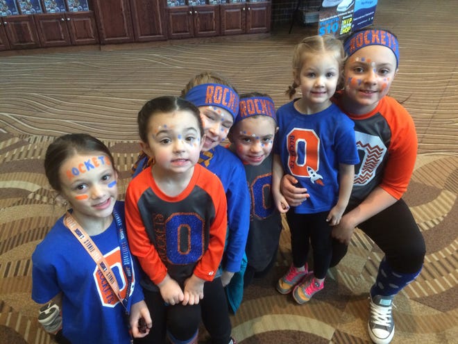 Okawville's sisters and cousins all painted up to cheer for the Rockets. From left to right: Olivia Bergmann, Coleson Hasheider, Kenley Hackstadt, Emmerson Hasheider, Sadie Bergmann, Addison Hasheider.