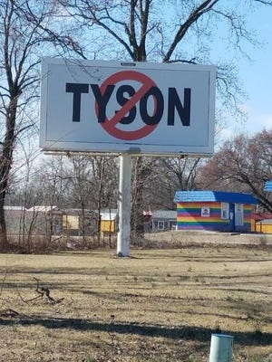 Grass-roots group No Tyson in Montgomery County put up a billboard in Coffeyville last week opposing a proposal to locate a Tyson chicken processing plant there. [Submitted]