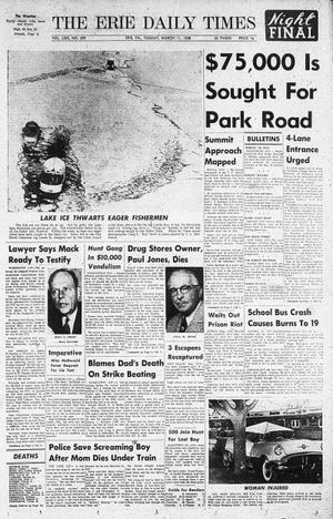 The front page of the Erie Daily Times from March 11, 1958. [ERIE TIMES-NEWS]