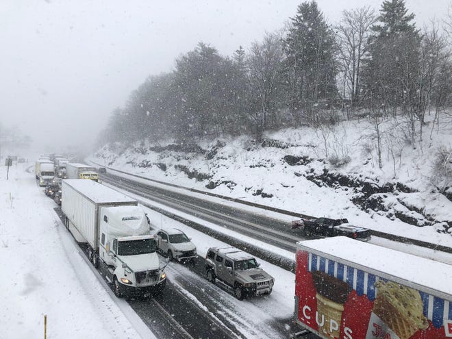 Vehicles sit in traffic on I-80 west as seen from Broad Street/191 in Stroudsburg Borough on Friday, March 2, 2018. The Northeast is bracing for its third major storm in less than two weeks, while some in the Poconos are still without electricity and recovering from the first one. [POCONO RECORD FILE PHOTO]