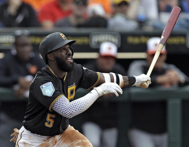 Pittsburgh Pirates' Josh Harrison watches his fly ball to Baltimore Orioles right fielder Joey Rickard during the second inning of a spring training baseball game Monday at LECOM Park in Bradenton. [The Associated Press / Chris O'Meara]