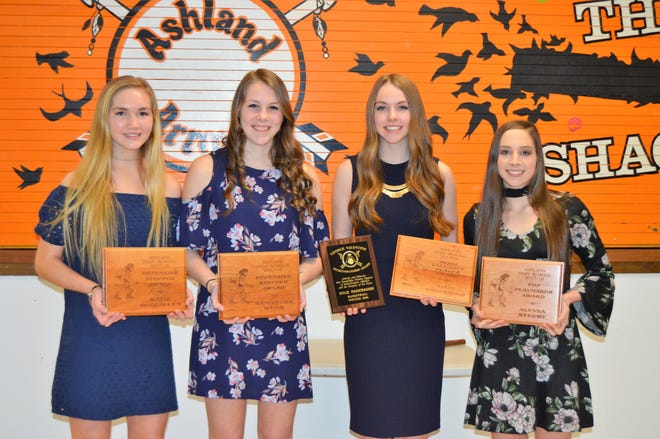 Special award winners for the Ashland High girls basketball team pictured from left to right are Katie McQuillen (Co-Defensive Stopper Award) and Samantha Webb (Co-Defensive Stopper Award), Kylie Radebaugh (George Valentine Award, Most Valuable Player) and Alyssa Steury (Top Playmaker Award).
