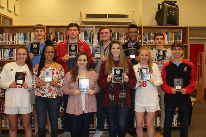 South Point swimming award winners. Front row, from left, are Mary Walker, Kennedy Logan, Emily Axtell, Allie Blanchard, Abby Long and Luke McMahan; back row: Alec Long, Jacob Johnson, John Gray Blount, Garvin Collins and Ben Bogle. [Special to The Gaston Gazette]