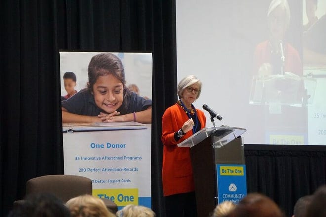 Roxanne Jerde, president and CEO of the Community Foundation of Sarasota County, spoke Tuesday morning during the foundation's 2Gen Summit, held at the Lee Wetherington Boys and Girls Club in Sarasota. [Photo by Murray Devine / Community Foundation of Sarasota County]