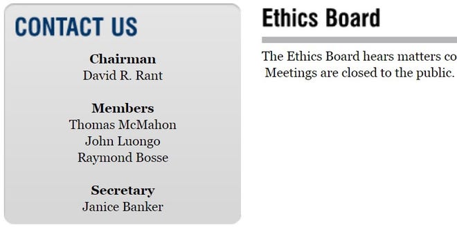A screenshot of a section of the Ethics Board page on the Town of New Windsor website taken on Monday. David Rant, listed as chairman, died in 2011. [TIMES HERALD-RECORD]