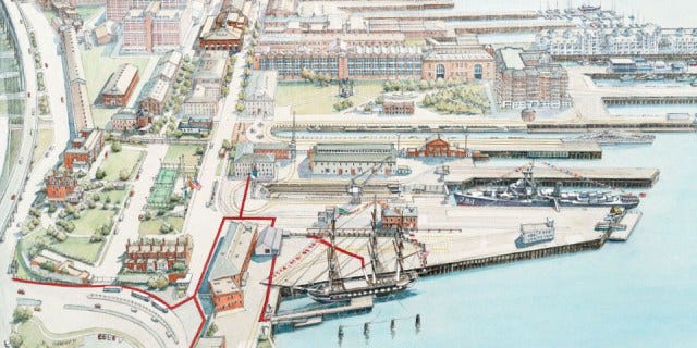 Here is an old map of the Charlestown Navy Yard. For more information, visit https://www.nps.gov/bost/index.htm.