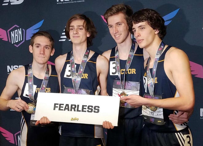 Victor’s Hunter Braun, Conrad Bremer, Connor Preston and Nico Bellavia won their division relay race at the New Balance indoor nationals. [Provided photo]