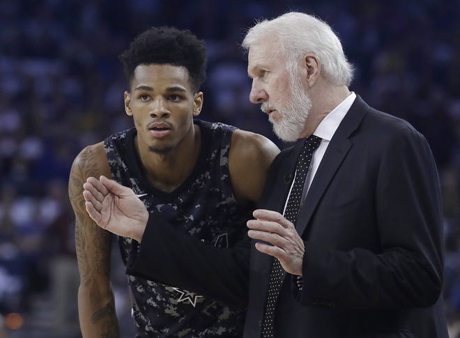 San Antonio Spurs head coach Gregg Popovich, right, talks with Dejounte Murray during the first half of an NBA game against the Golden State Warriors in Oakland, Calif. [AP Photo/Jeff Chiu]