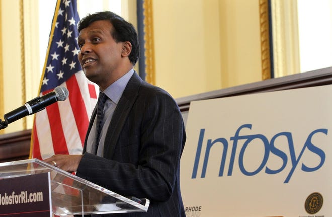 Ravi Kumar, president of Infosys, announces in November 2017 that the company will create a design hub in Providence that will bring 500 jobs by 2022. Plans for a similar hub in Hartford were announced on Wednesday. [The Providence Journal, file / Bob Breidenbach]