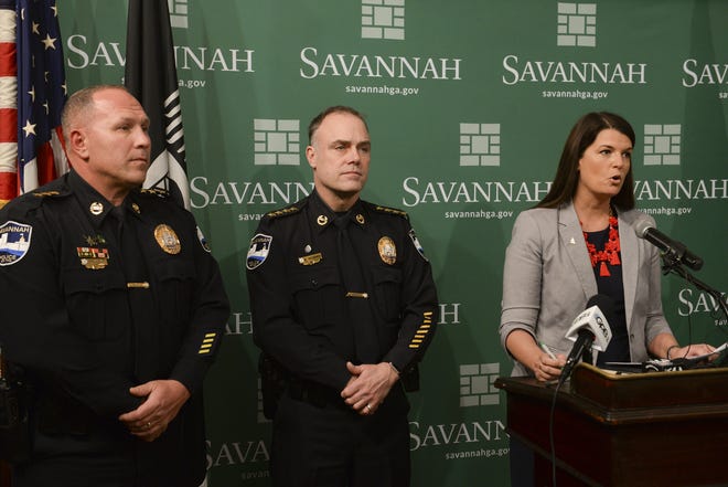 Savannah police Assistant Chief Robert Gavin, Interim Cheif Mark Revenew and city spokeswoman Michelle Gavin speak to members of the media about new restrictions placed on a 12-block area during the Savannah St. Patrick's Day Parade. [Will Peebles/Savannah Morning News]