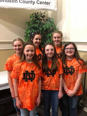 Students from North Davidson Middle School won the Davidson County Battle of the Books. Pictured are Claire Hartsell (front, left), Abigail DeMontes Oca, Lettie Michael, Sophia Byrd (back, left), Avery Welty and Caroline Dasch. [Contributed photo]