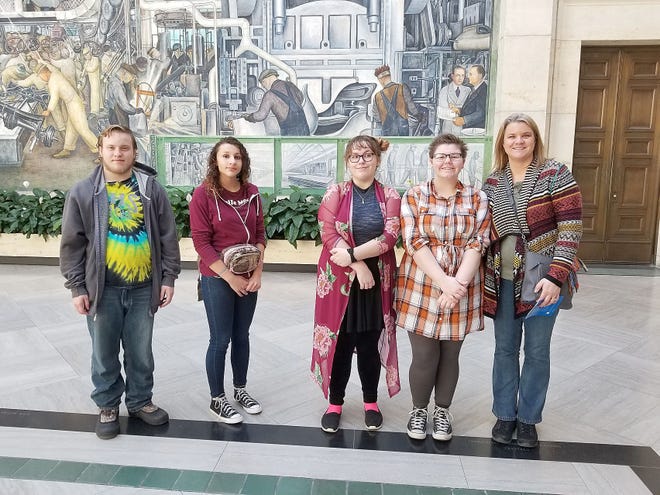 Matt Dunn, Pauline Cabrera, Emilee Tanner, Braily Hill and Jennifer Flynn in front of the Diego Rivera Fresco entitled Detroit industry. We had a private tour from a docent at the Museum. She explained the 27 different sections of the mural and discussed how Rivera was inspired by the American Auto worker. The Fresco was made to depict the industry and process of how cars were made for the Ford Motor Company . It was made between 1932 and 1933.