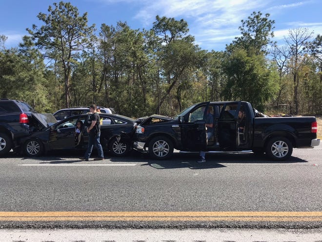 This three-vehicle wreck was backing up traffic for miles Friday on northbound Interstate 75 in Marion County. [Austin L. Miller / Staff]