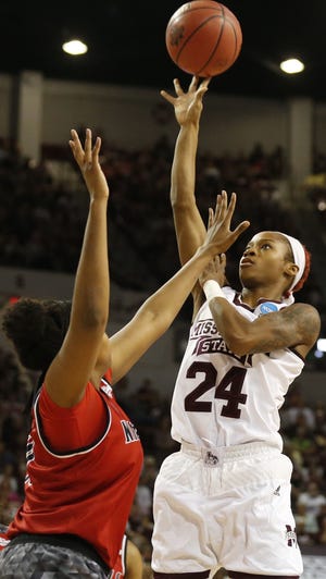 Mississippi State guard Jordan Danberry (24) shoots over the defense of a Nicholls player in the first half of the top-seeded Bulldogs' 95-50 victory in the first round of the NCAA Women's Tournament. [Rogelio V. Solis/The Associated Press]