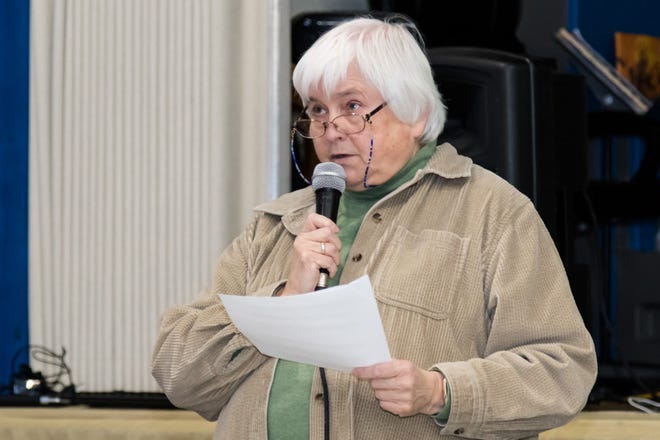 Select Board Chairwoman Suzanne Huard speaks at the Rollinsford Town Meeting Day Saturday. [Scott Patterson/Fosters.com]