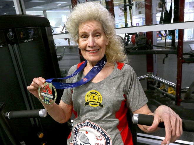 Margaret Palmeri, 78, won a gold medal in badminton mixed doubles during the 2017 National Senior Games. Palmeri works out daily at the Stowe Family YMCA in Belmont. [JOHN CLARK/THE GASTON GAZETTE]