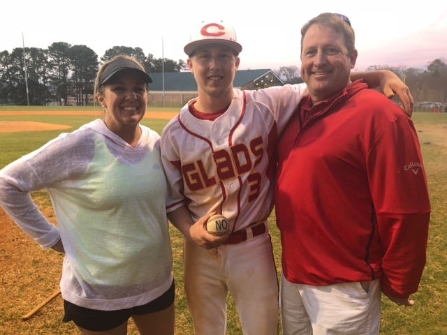 Clarke Central's Ben Gillespie is pictured after his no-hitter last Friday with his parents, Monica and Mike Gillespie. [Contributed photo]