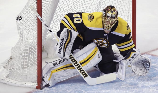 Boston goaltender Tuukka Rask is beaten for a goal by Columbus center Boone Jenner during the first period. Rask stopped only 20 of 25 shots in the loss. [Charles Krupa/AP]