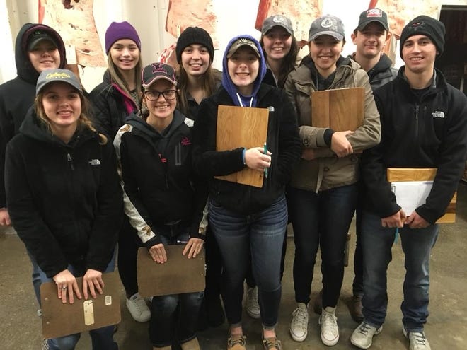 The Mount Pulaski meat judging team members front from left include: Amelia Kuhlman, Makayla Stewart, Olivia Cooper, Paige Stewart, and Brandon Kretzinger. Back from left: Maddie Roberts, Abigail Fitzpatrick, Madison Thomas, Leah Beckers, and Kaden Mott. [Photo submitted]