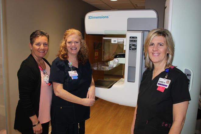 Mammography technologists Sue Grant, Kerry Carrara and Pamela Adams stand by the new three-dimensional mammography system at Beth Israel Deaconess Hospital in Milton. Courtesy photo
