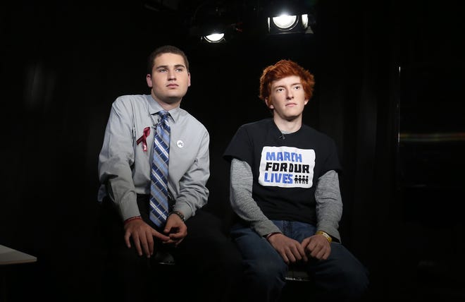 Marjory Stoneman Douglas High School students Alex Wind and Ryan Deitsch, right, discuss the upcoming marches in Washington and elsewhere calling for gun regulations during an interview, Monday, in New York. Hundreds of March for Our Lives demonstrations are planned around the world Saturday, sparked by the Feb. 14 shooting in Parkland. [Bebeto Matthews / The Associated Press]