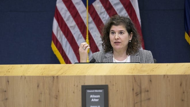 Council Member Alison Alter, shown during an Austin City Council meeting last month, said Tuesday that consideration of the possible uses of McKalla Place need to weigh the benefits of building a Major League Soccer stadium there against the good that might arise from putting affordable housing on the city-owned property in North Austin.